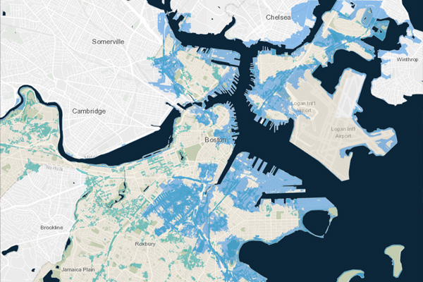 Climate Ready Boston Viewer illustrating sea level rise and stormwater flood in the Boston area. (www.boston.gov/departments/environment/climate-ready-boston-map-explorer)