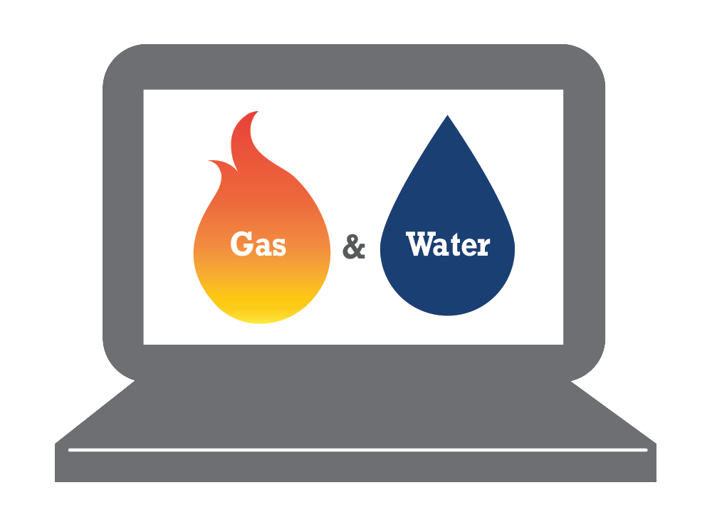 computer screen with gas & water images