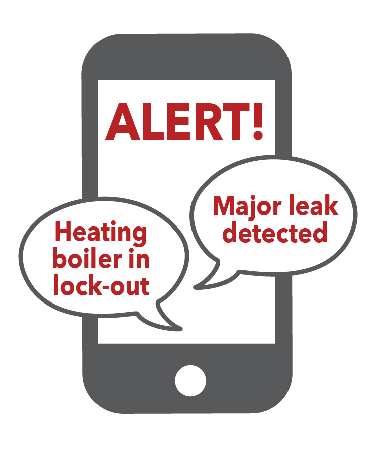 Phone with alerts: Alert! Heating boiler in lock-out. Alert! Major leak detected