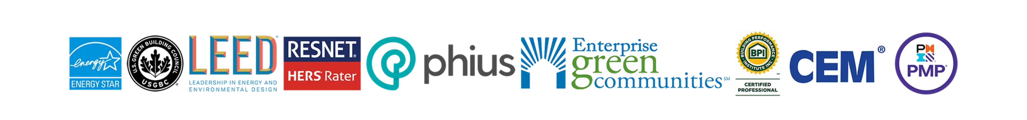 list of certification types: RESNET HERS Rater, Phius, Enterprise Green Communities, BPI BA, CEM, PMP