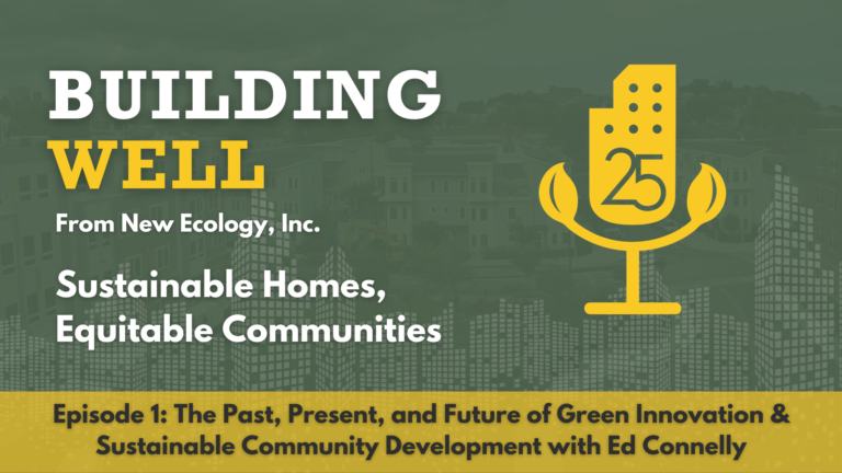 dark green box with white and gold writing "BuildingWell From New Ecology, Inc. Sustainable Homes, Equitable Communities